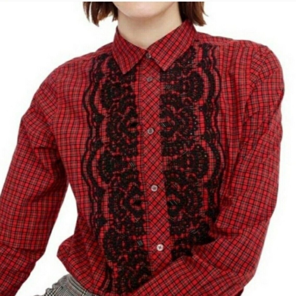 J Crew Red Plaid Embroidered Beaded Button Front Shirt Women